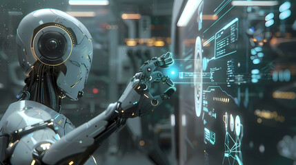 White robot arm using digital technology connection. 3D rendering on big data network connection background, Science and artificial intelligence technology.