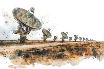 Radio Telescope Array A watercolor painting showing a field of radio telescopes working in unison to capture radio waves from space