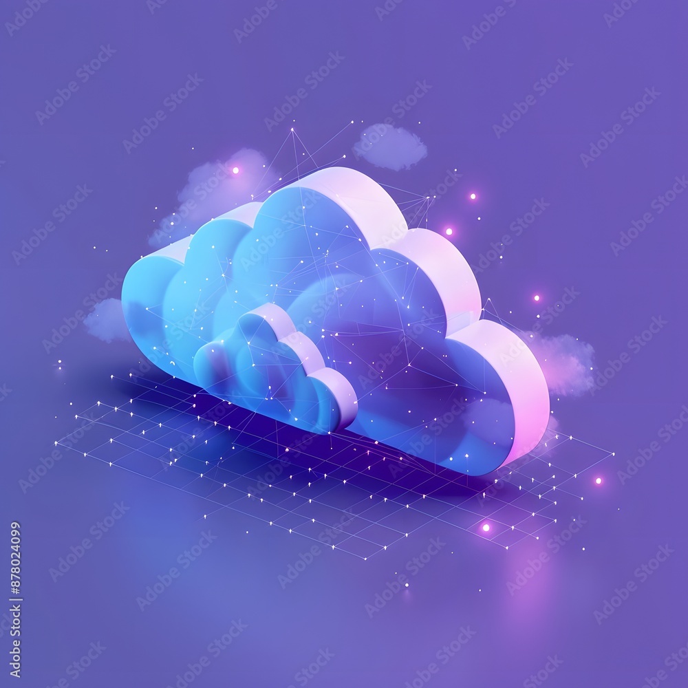 Poster digital illustration of abstract cloud computing concept in blue and purple shades with glowing netw