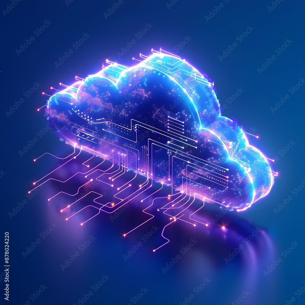 Poster digital representation of a cloud with glowing circuits, illustrating cloud computing and technology