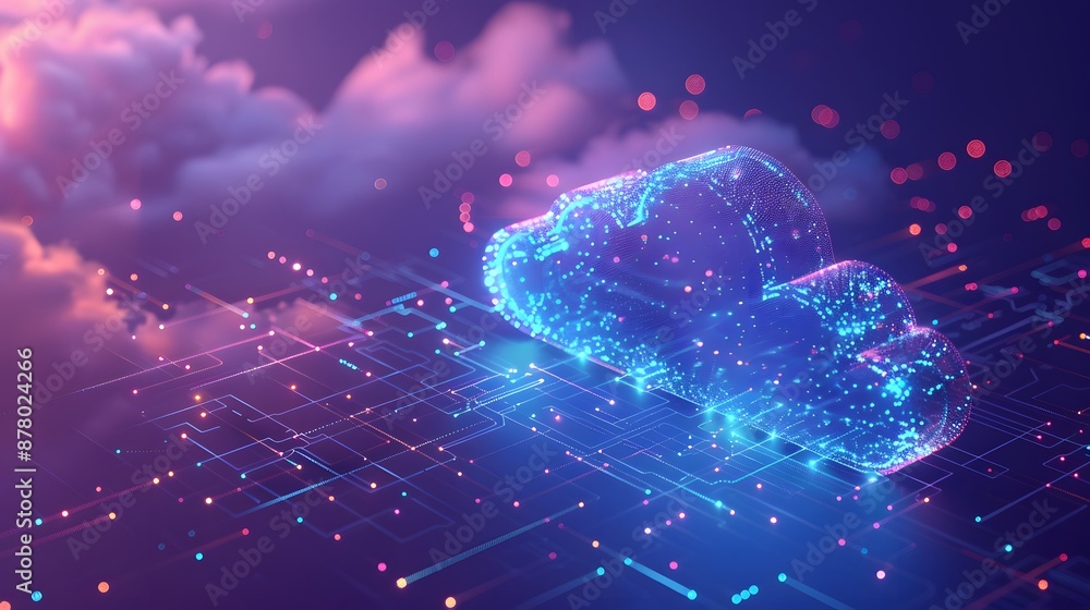 Poster digital representation of cloud computing with glowing lights, data flow and network connections, si