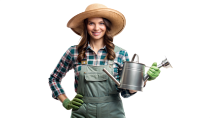 Smiling Woman Gardener Holding Watering Can Isolated on White