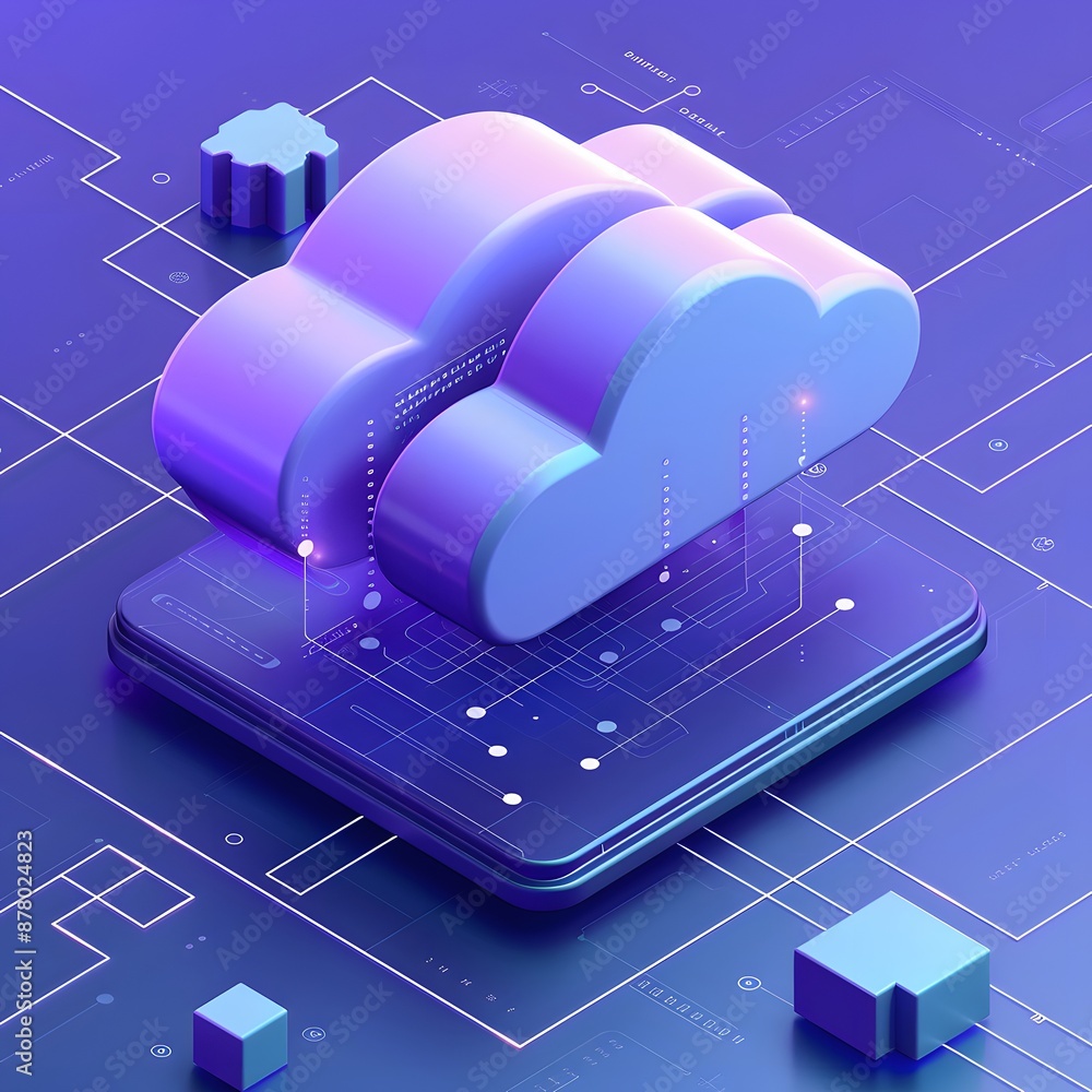 Poster futuristic 3d illustration of cloud computing technology with digital elements, perfect for tech and
