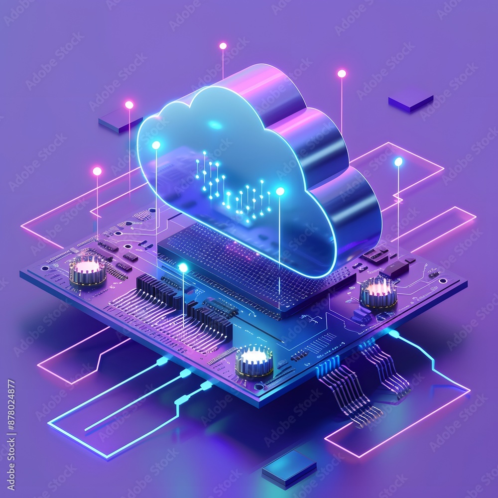 Poster futuristic 3d illustration of cloud computing technology with neon lights and circuit board elements
