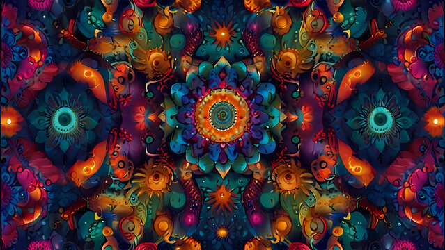 psychedelic abstract background that combines elements of cosmic imagery, such as stars and galaxies, with vibrant, pulsating colors and intricate, dreamlike designs