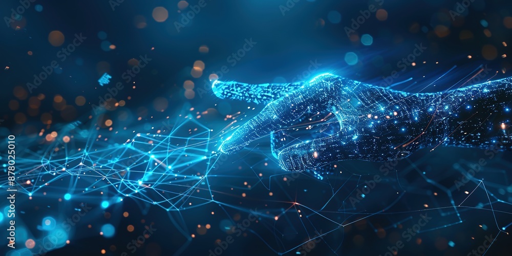 Poster digital hand interacting with a network of data
