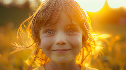 Fototapeta premium A child's face in close-up, a cheerful child looks straight and smiles against the background of the sunset