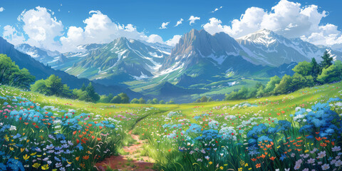 Obraz premium 空に架かる虹と紫陽花の風景イラスト