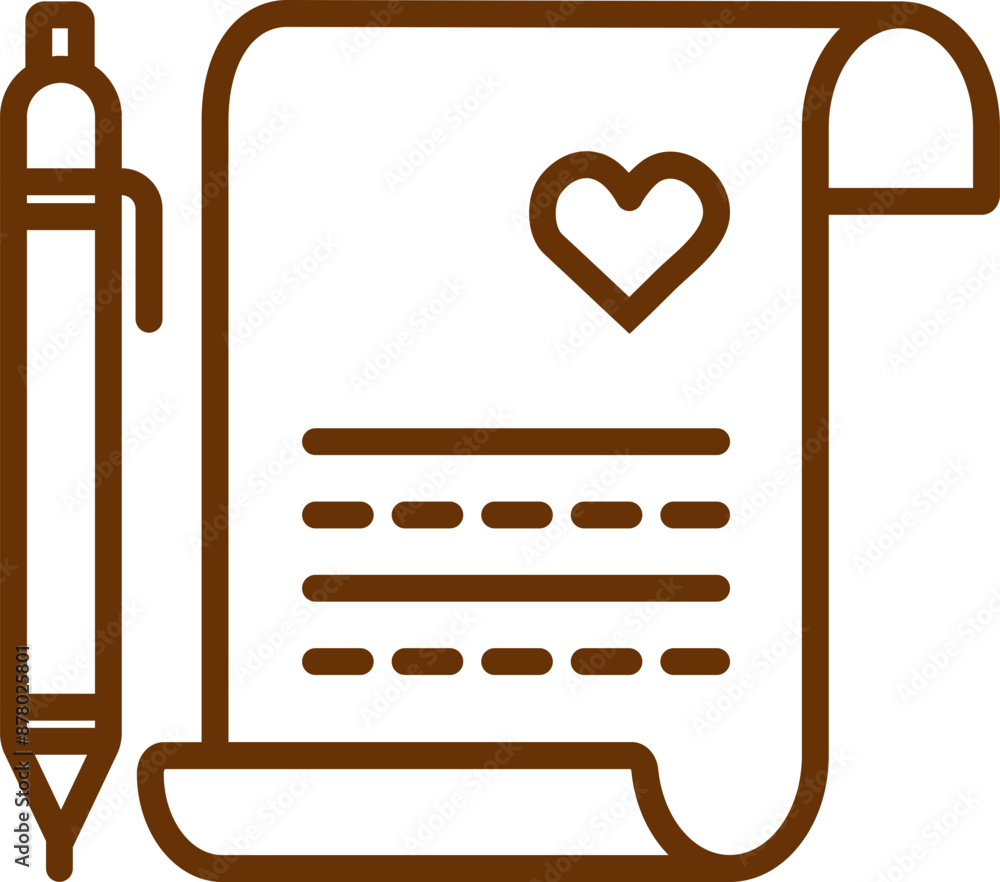 Poster pen with scroll paper icon in brown thin line art.