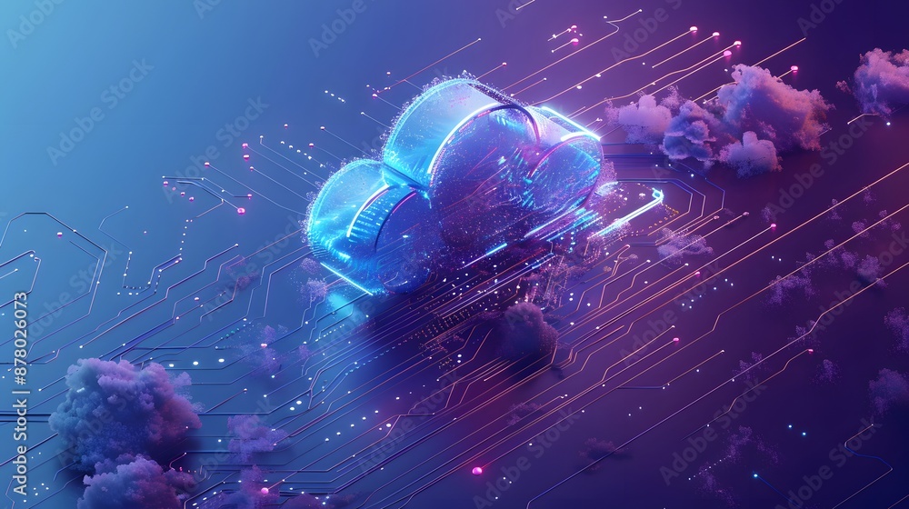 Poster futuristic cloud computing concept with neon glowing cloud shape on a circuit board background, repr