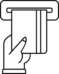 Hand inserting atm card icon in black outline.