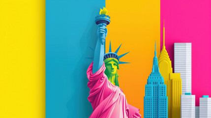 Vibrant pop art illustration featuring the Statue of Liberty and iconic New York City skyscrapers against a bold, colorful background.