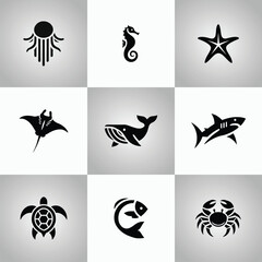 Collection of Black and White Sea Animal Logos