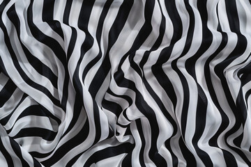 Black and white striped shirt texture, top view. Wavy fabric with vertical lines as background or wallpaper. High resolution flat lay.