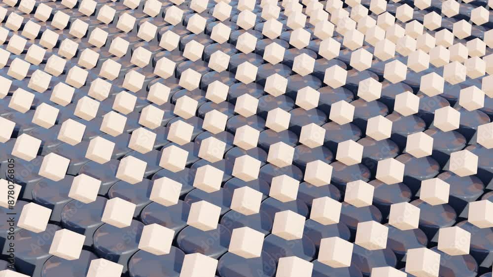 Poster abstract 3d animation of peach cubes with dynamic waves on dark surface for modern geometric design 