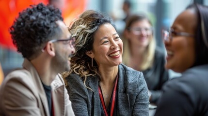 Obraz premium Dynamic Team Spirit: Diverse Group of Professionals Engaging in Energetic Conversation, Smiling and Laughing in a Modern Office Environment. Highlighting Collaboration Across Ethnicities and Genders.