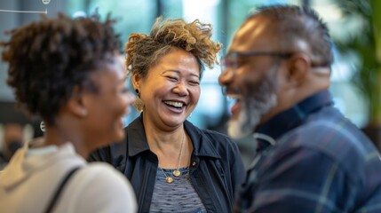 Fototapeta premium Dynamic Team Spirit: Diverse Group of Professionals Engaging in Energetic Conversation, Smiling and Laughing in a Modern Office Environment. Highlighting Collaboration Across Ethnicities and Genders.