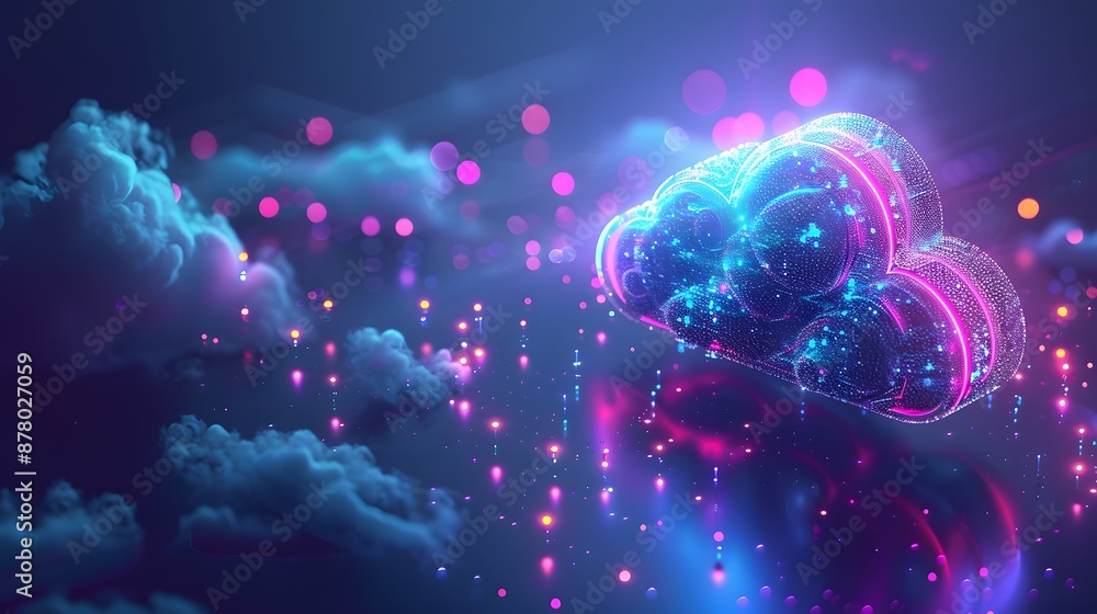 Poster futuristic digital cloud concept with neon lights, showing data flow and cloud storage in a cyber en