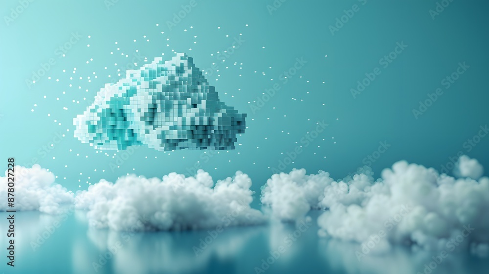 Poster futuristic digital cloud icon with pixelated design hovering over real clouds, merging technology an