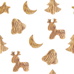 Fototapeta premium wooden toy deer star month bell tree brown color christmas seamless pattern watercolor illustration isolated on white background hygge cozy crafts base for card design textile tableware stickers