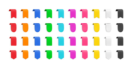 Vector Realistic 3d colorful vertical ribbons bundle. Vintage design element, decorative bookmark sticker with shadow mega set. Cartoon 3d ribbon tag for sale banner, price tag, advert, game, app.