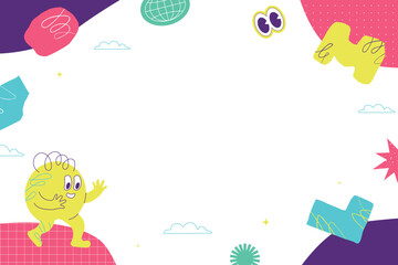 Bright children's background with doodle funny character and different vector elements. A playful collage of different shapes.