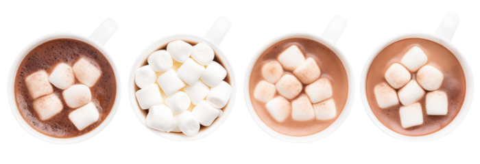 Set of hot chocolate or cocoa with marshmallows isolated on transparent background.