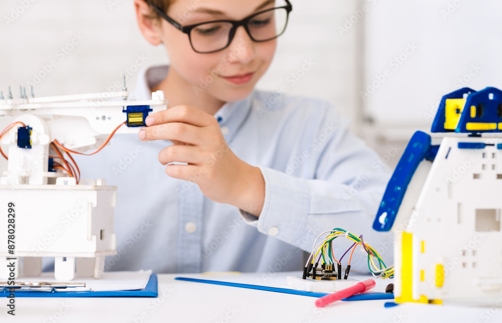 Aufkleber A young boy wearing glasses is working on a robotics project. He is holding a small, blue, electronic component, while a white robot with wires and a circuit board is on the table in front of him.