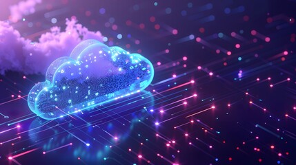 Futuristic glowing cloud symbol with digital data streams, representing cloud computing technology and data transfer innovation.