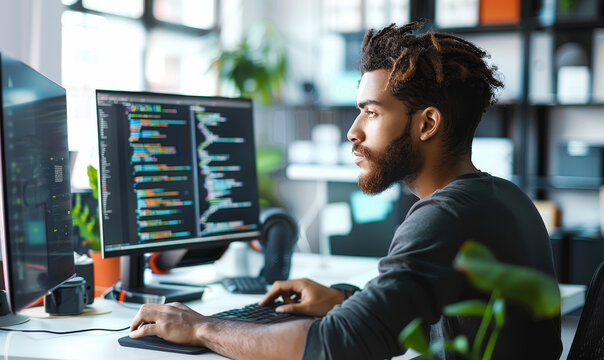 Focused male programmer working on computer code in a modern, well-lit office environment during daytime, showcasing dedication and concentration in software development, technology, and coding.
