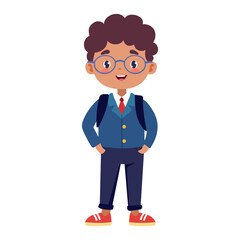 A young boy wearing glasses and a blue jacket stands with his hands on his hips. He is smiling and he is happy