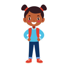 A young girl with a backpack is smiling. She is wearing a blue shirt and blue jeans. The girl is standing in front of a white background. Back to school.