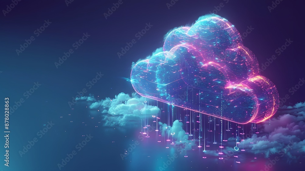 Poster illustration of a glowing futuristic cloud with digital data streams, representing cloud computing a