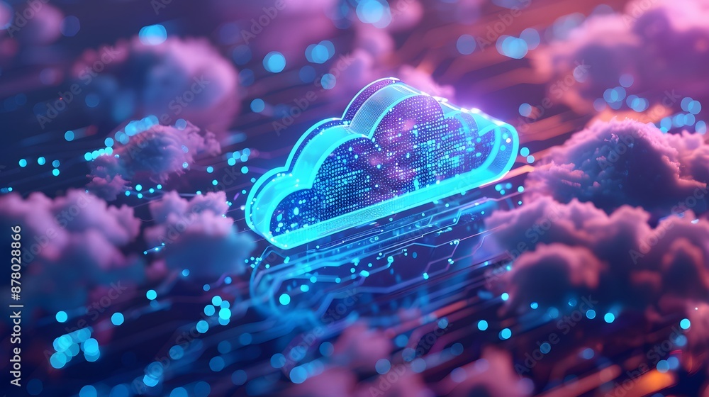 Poster glowing digital cloud surrounded by data streams, symbolizing cloud computing and futuristic technol