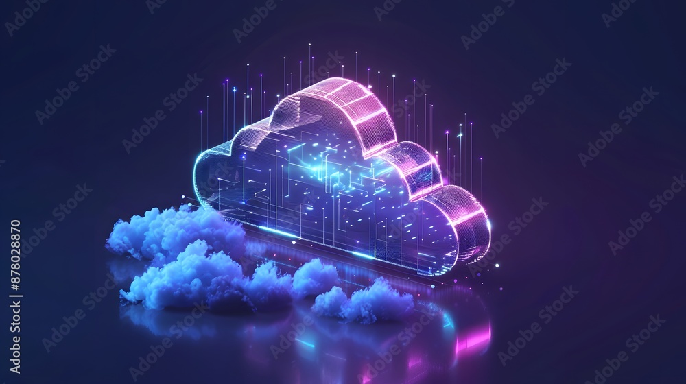Poster neon cloud icon representing cloud computing, data storage, and modern technology on a dark reflecti