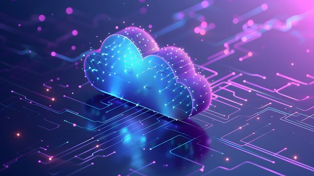 Futuristic representation of cloud computing technology with a glowing digital cloud and circuit board pattern on a purple background.