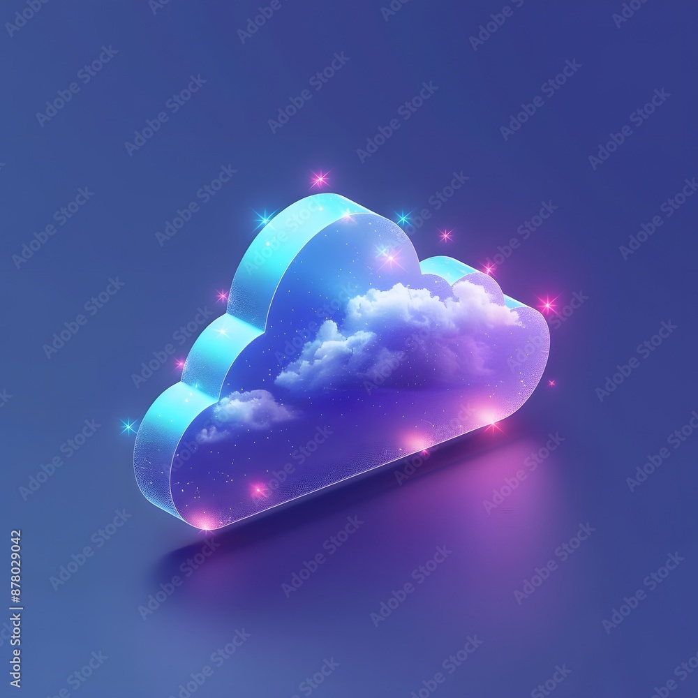 Poster surreal cloud with glowing neon lights on a smooth gradient blue background, creating a futuristic a