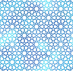 Traditional Islamic seamless pattern. Shiny blue and white Turkish background. Mosque window foil gradient grid mosaic texture.