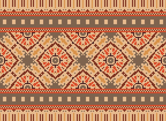 Ikat Embroidery Oriental Pixel Pattern Cream Background. Abstract,vector,illustration. Texture,cross Stitch,scarf,decoration,motifs,wallpaper.
