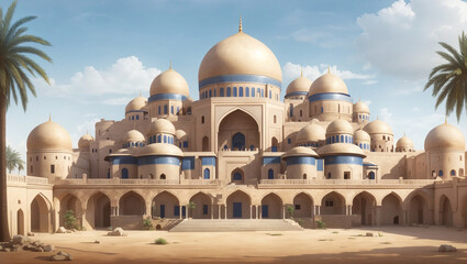  the Hagia Sophia mosque in Istanbul, Turkey, with six tall minarets, a large central dome, and a sunset sky.