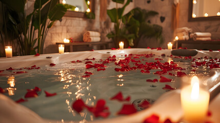 Design a serene Valentine's Day spa day with a couple enjoying massages, a hot tub filled with rose petals, and a room filled with candles and soft music.