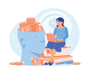 Women manage personal finances. Invest in knowledge and education. Financial literacy concept. Flat vector illustration.