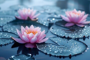 Serene Water Lilies in Bloom on Dewy Lily Pads - Nature Photography for Posters and Wallpapers