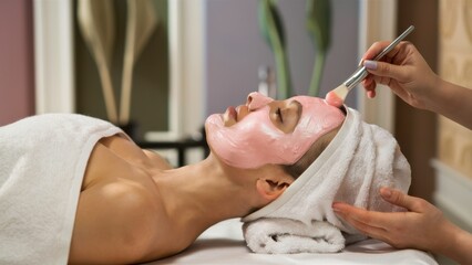 A woman getting a facial with pink face mask on her, AI