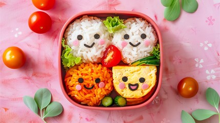 A bento set featuring adorable rice and vegetables on a pink background.