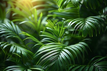 Lush Green Tropical Palm Leaves with Sunlight - Nature Close-Up for Print, Card, Poster