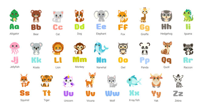 A bunch of animals are shown in alphabetical order. The animals include a bear, a cat, a dog, a fish, a frog, a giraffe, a kangaroo, a koala, a lion, a monkey
