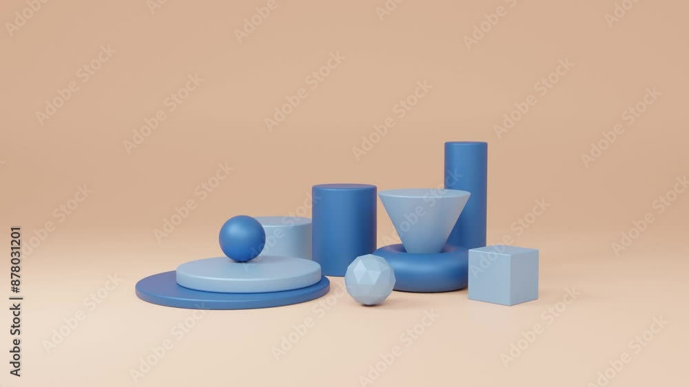 Poster peach background with abstract 3d scene with blue and cyan geometric elements: animation background,