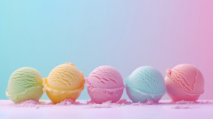 Ice cream balls in waffle a blue soft background with copy space, web banner with place for text and images.