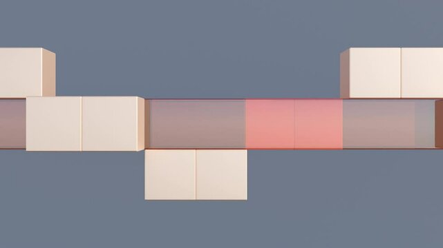 Peach Cubes Rolling Around Transparent Square Pillar on a Black Background: Seamless Geometric Animation with Modern Abstract 3D Design